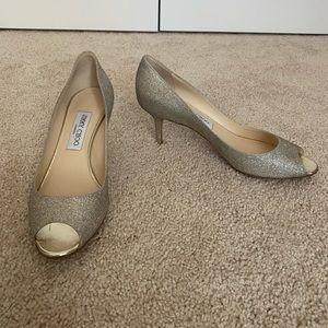 Jimmy Choo Gold Glitter Peep-toe Pumps 38